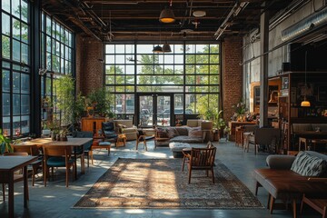 Fototapeta premium Bright and inviting lounge area with large windows and natural light in urban setting