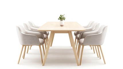 A top-down view of a round wooden table with six light-colored chairs