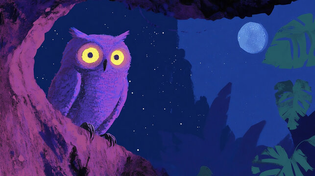 Whimsical Owl Illustration Perched in the Moonlit Forest  