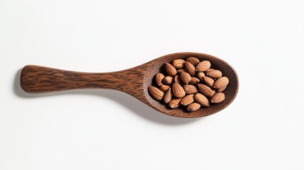 Obraz premium Toasted almonds exude an aromatic fragrance as they rest within a wooden spoon, isolated against a pristine white backdrop. 