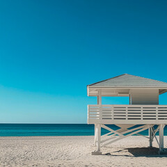 Fototapeta premium A lifeguard station on the beach, white wooden planks and a light gray roof, overlooking the sea, a blue sky and clear weather,