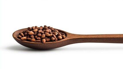 Obraz premium Toasted almonds exude an aromatic fragrance as they rest within a wooden spoon, isolated against a pristine white backdrop. 