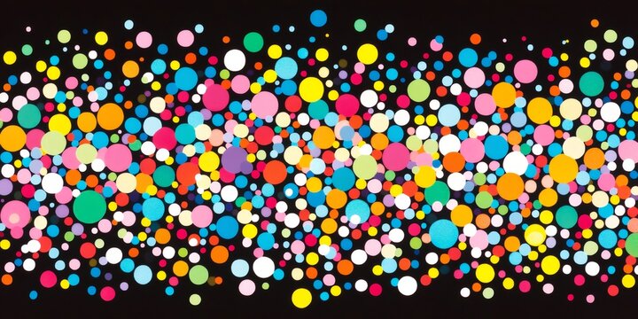 Colorful dots of varying sizes create a vibrant and dynamic pattern against a black background, ideal for celebratory or abstract designs