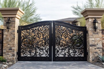 High-end wrought iron gate with intricate carvings, framed by tall stone pillars.