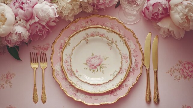 Beautiful floral table setting with vintage china and elegant cutlery for a special occasion