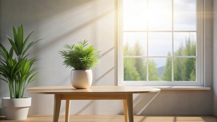 Fototapeta premium Sunlight streams through a window, illuminating a wooden table with a potted plant, creating a serene and inviting atmosphere.