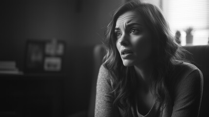 Naklejka premium Woman with worried and emotional expression sitting in a softly lit room.