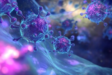 Colorful depiction of virus particles in a microscopic environment during scientific research