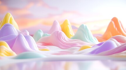 Pastel-colored abstract landscape with flowing, wavy peaks against a soft sunset backdrop.
