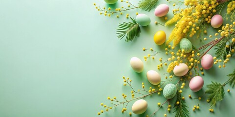 A Festive Easter Display with Pastel Eggs and Vibrant Yellow Flowers on a Mint Green Background