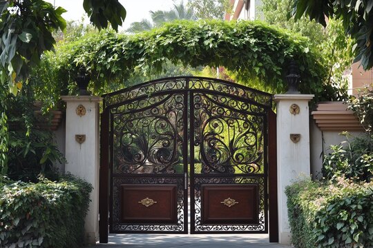 Luxurious main gate with fine detailing, rich finishes, complemented by sculpted greenery.