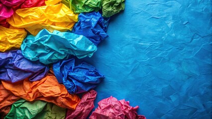 A vibrant rainbow of crumpled tissue paper creates a striking contrast against a backdrop of crumpled blue paper.