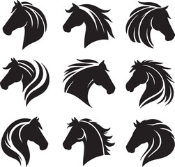 Horse head vector black silhouette lineart logo icon bundle, animal isolated on white background collection, creative minimal clean detail editable set