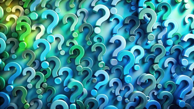 A seamless pattern of scattered blue and green question marks on a blue background, symbolizing an endless quest for answers and knowledge