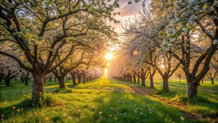 Fototapeta premium Sunbeams filtering through the branches of an orchard in bloom, creating a breathtaking display of springtime beauty.