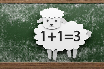 Paper cut sheep having a wrong mathematic addition in front of a green chalkboard. Illustration of the concept of sheeple, blind followers and careless mistakes