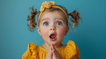A little girl with eyes wide open and arms folded at her chest looks surprised and delighted. will be useful in children's books, toy advertisements and educational materials.