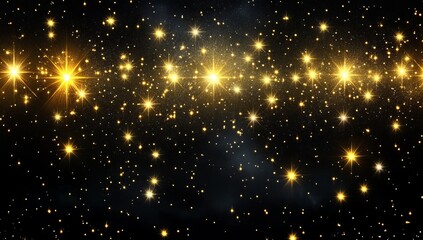 Golden stars sparkle on a dark background.