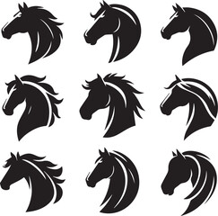 Horse head vector black silhouette lineart logo icon bundle, animal isolated on white background collection, creative minimal clean detail editable set