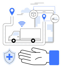 Truck on a winding road with map pins, wireless signal, hand palm up, healthcare shield, delivery icons. Ideal for logistics, delivery, healthcare, transportation real-time tracking safety