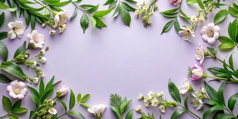 Fototapeta premium A delicate floral arrangement of pink and white blossoms on a light purple background, creating a natural and elegant border.