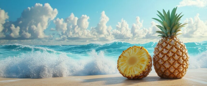 Pineapple on the beach with ocean waves and clouds in sunny weather