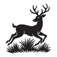 A jungle deer leaping through the grass silhouette, black and white silhouette, vector and illustration