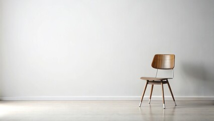 A single wooden chair stands alone in a spacious room with a white wall and light hardwood flooring.