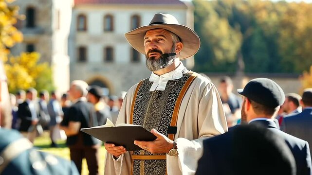 Historical Tour Guide in Period Costume Near Castle