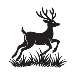A jungle deer leaping through the grass silhouette, black and white silhouette, vector and illustration