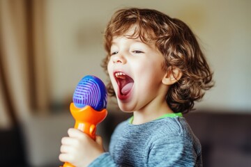 Young child joyfully singing with a colorful toy microphone indoors during the afternoon