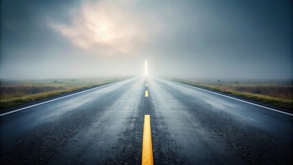 A Long Straight Road Through Foggy Landscape, Leading Towards a Bright Light in the Distance