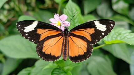 Obraz premium A vibrant butterfly with orange and black wings rests on a pink flower amidst green foliage, showcasing nature's beauty and delicate details.