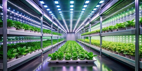 Rows of leafy greens thrive under an array of artificial lights in an indoor vertical farm setting