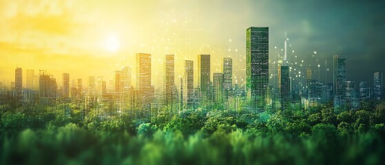 Global future concept A futuristic city skyline with advanced technology, renewable energy sources, and green architecture, representing a sustainable world