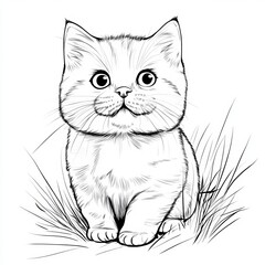 A cute, cartoon-style sketch of a fluffy cat sitting in grass, featuring large eyes and a rounded face.