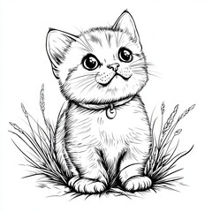 A cute, cartoon-style kitten sits in grass, featuring large eyes and a playful expression, perfect for illustrations or children's content.