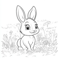 A cute, cartoon-style bunny sitting in a grassy field with flowers, ready for coloring or illustration.