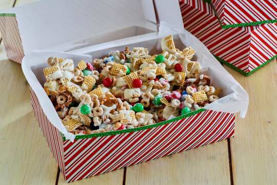 Holiday cereal mix in a box
