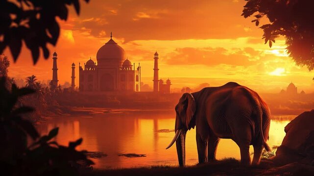 Majestic Indian elephant standing riverbank, silhouetted against golden sunset near iconic Taj Mahal architectural landmark