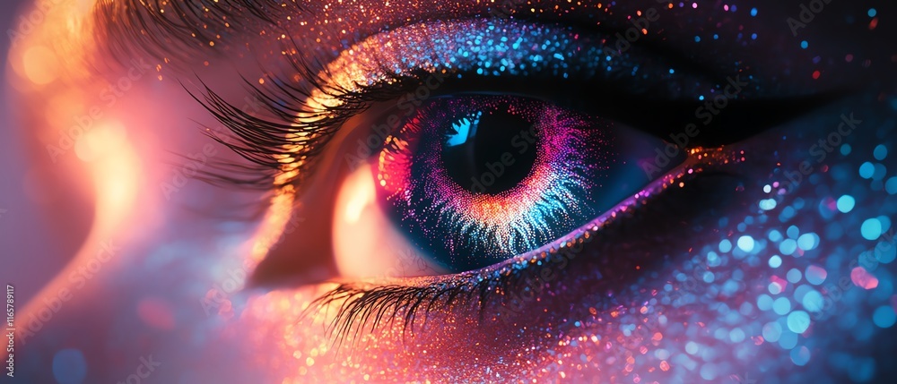 Aufkleber mesmerizing eye collage embedded in a digital abstract design, with vibrant neon shades, holographic