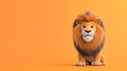 Cartoon lion character with a friendly expression on an orange background.