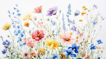 A delicate bouquet of colorful wildflowers, each petal vividly detailed, against a clean white background.