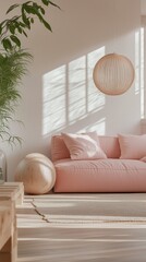 Peaceful yoga-friendly living room, pink sofa, fitness ball, wooden accents, bright space.