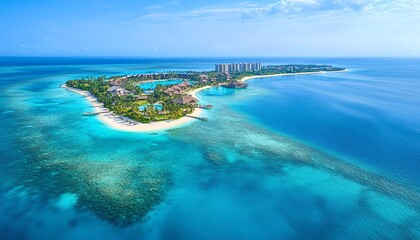 Obraz premium Breathtaking Maldives aerial shot showcasing a luxury tropical resort with overwater villas, clear turquoise water, and palmlined sandy beaches