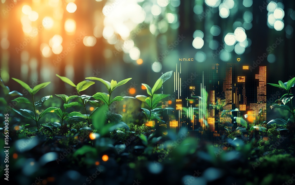 Poster Innovative technology design emphasizing ESG principles, featuring a harmonious mix of nature elements and futuristic data visuals