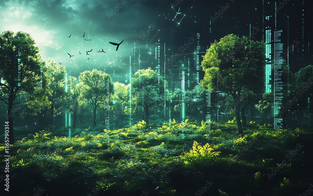 Poster Innovative technology design emphasizing ESG principles, featuring a harmonious mix of nature elements and futuristic data visuals
