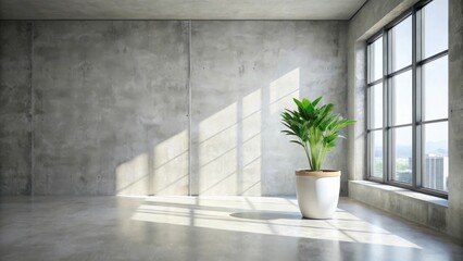A minimalistic room with a potted plant, concrete walls, and a large window overlooking a cityscape.