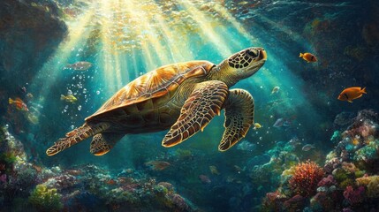 Obraz premium A majestic sea turtle gracefully gliding through crystal-clear water, with beams of sunlight streaming down and colorful fish swimming nearby.