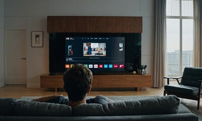 Modern living room setup with TV streaming entertainment, cozy interior - Powered by Adobe